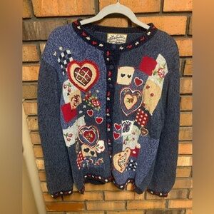 Vintage Women’s Heirloom Collectibles Patchwork Cardigan with Heart Motifs